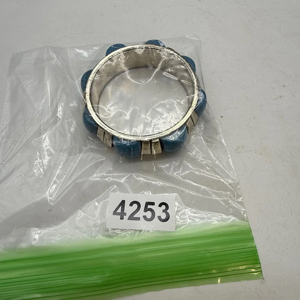 Vintage Silver Tone Faux Turquoise Chunky Bangle Bracelet Southwestern Boho 4253